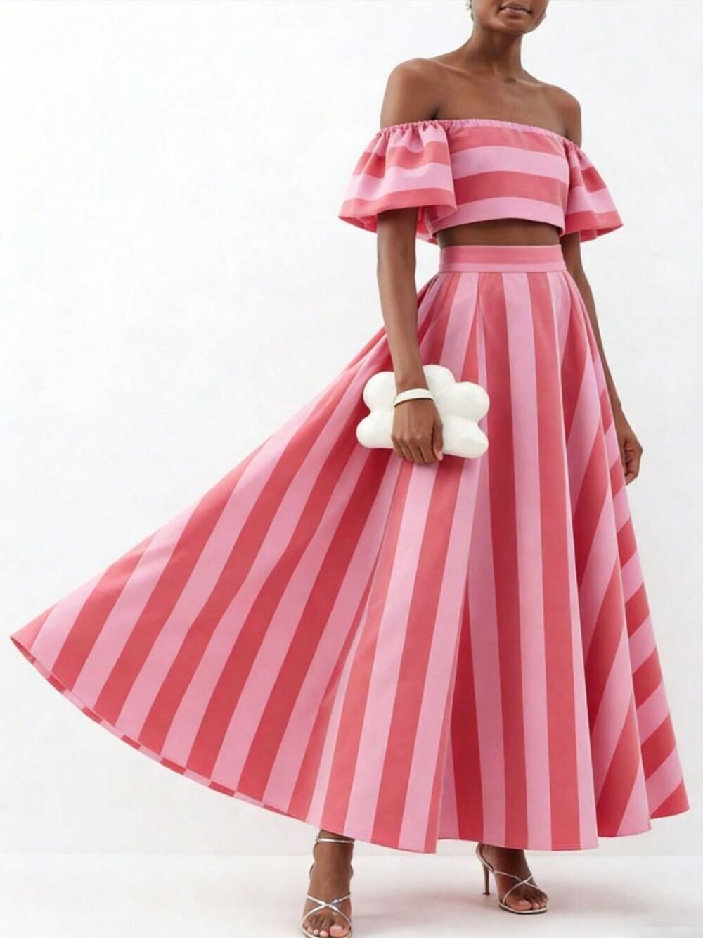 Pink Women's Striped Off-Shoulder Ruffle Sleeve Crop Top & High Waist Maxi Skirt